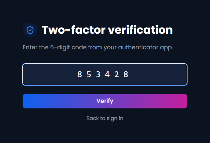 Two-factor verification screen: enter the 6-digit code from your authenticator app