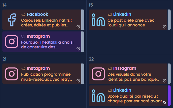 Content calendar: LinkedIn, Facebook and Instagram posts scheduled across the week