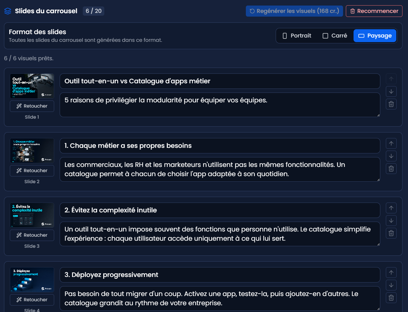 Carousel slide editor: six slides in landscape format, each with its visual, title and body, reorderable and retouchable