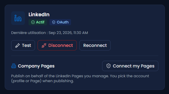 Connected LinkedIn account via OAuth, with test, disconnect and reconnect