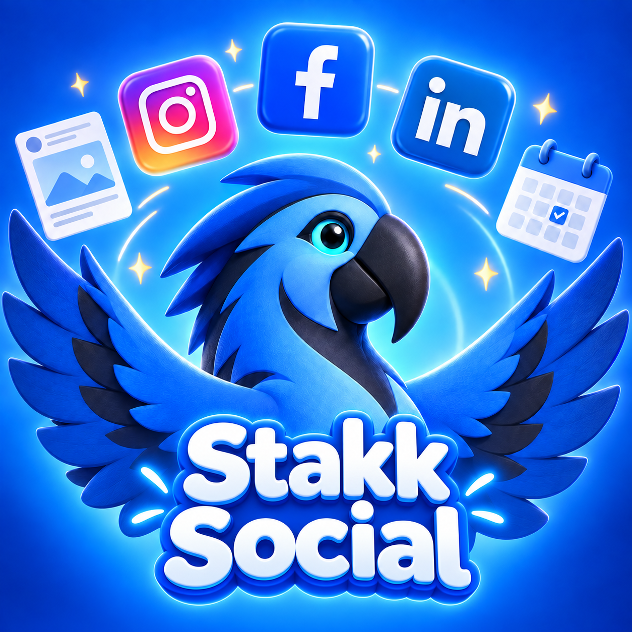 Stakk Social: the parrot mascot, publishing to LinkedIn, Facebook and Instagram
