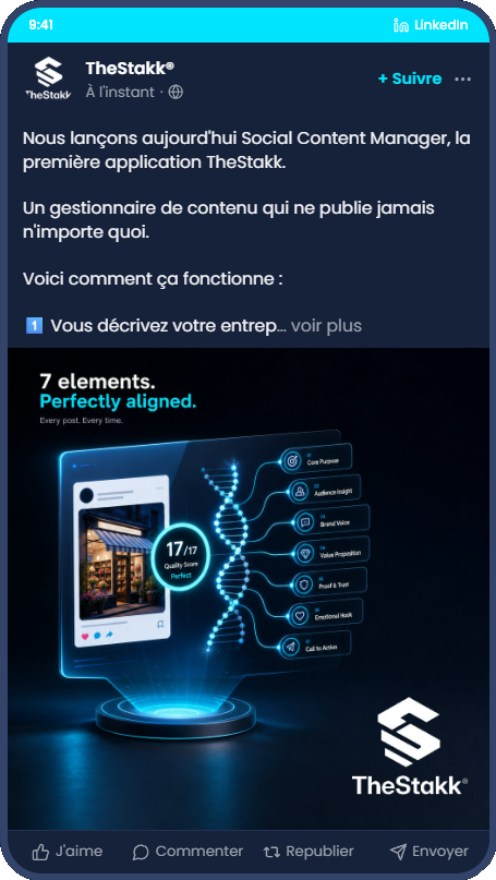 Feed preview: a LinkedIn post rendered exactly as it will appear, header, see-more truncation, image and action bar
