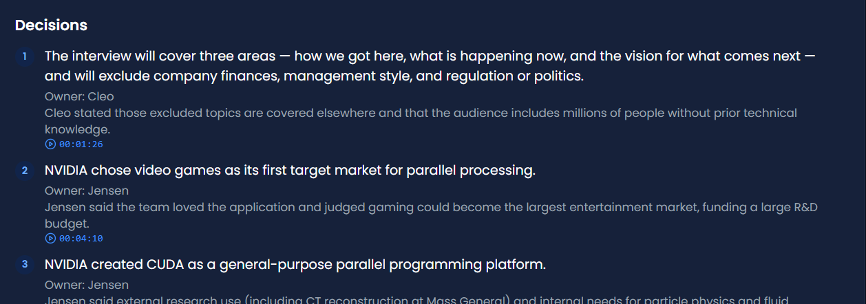 Decisions list: each decision numbered, with its owner, the context behind it and a clickable timestamp.