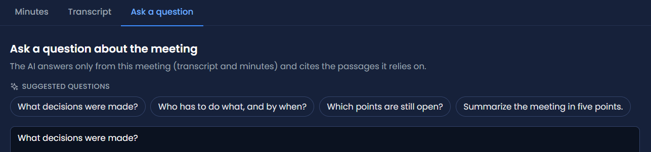 Ask a question about the meeting: suggested questions and a free-text field. Answers come only from the transcript and minutes.