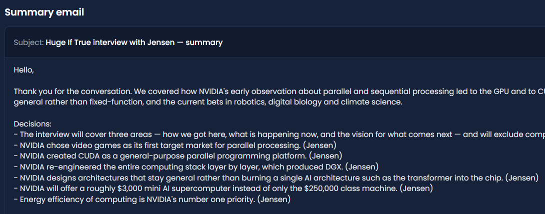 Summary email drafted from the meeting: subject line and body, with a copy button.
