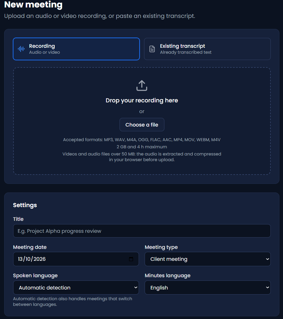 New meeting screen: drop an audio or video recording, or paste an existing transcript, then set title, date, meeting type and languages.